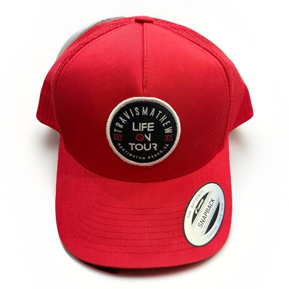 Travis Mathew Mens Red Golf Life On Tour Patch SnapBack Trucker Hat Cap NWT - Picture 1 of 11